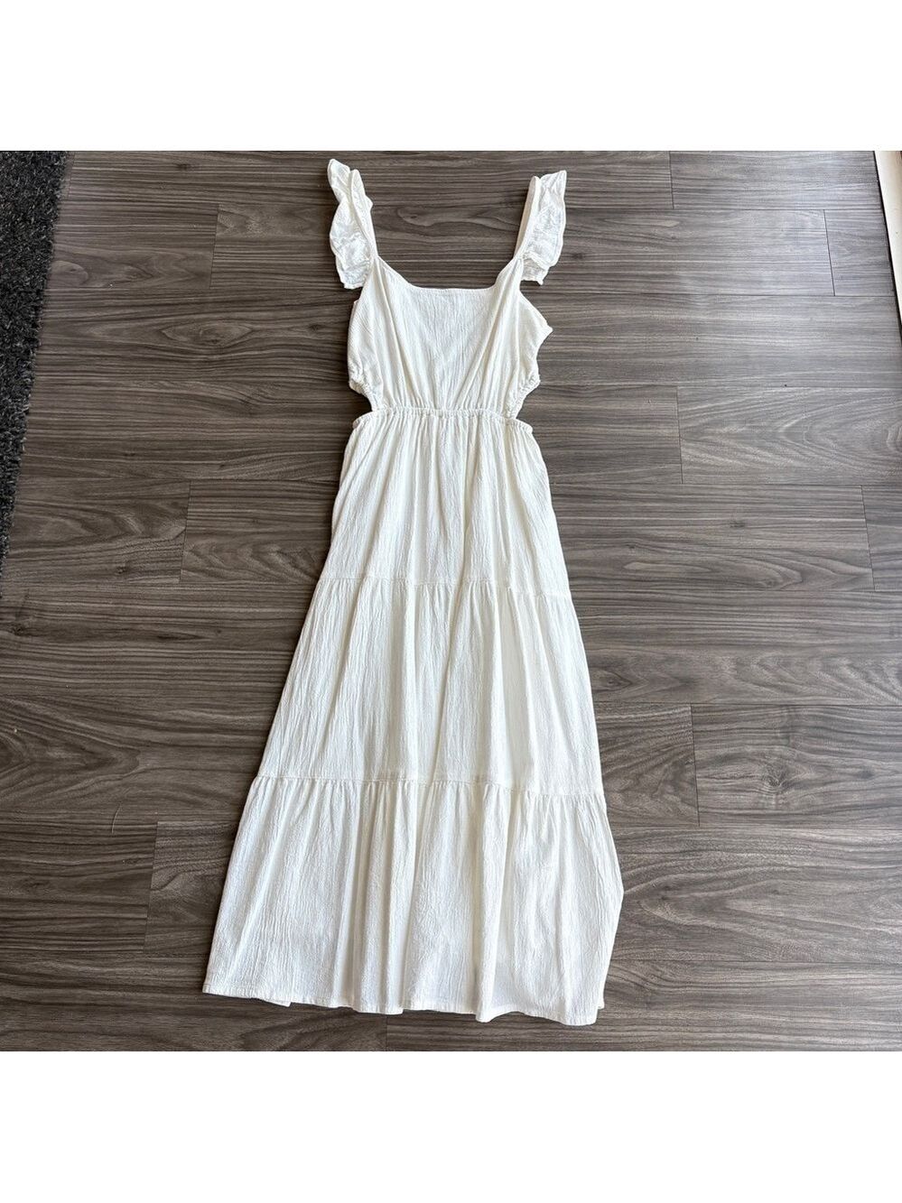 Billabong White Ruffled Tiered Midi Sundress with Cutouts XS 100% cotton